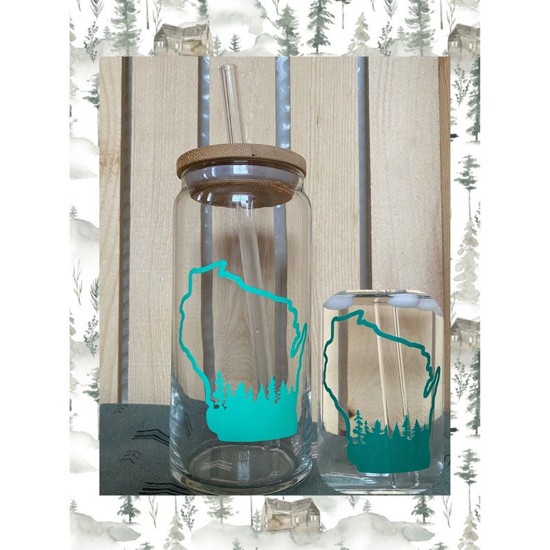 Wisconsin Color Changing Glass Can w/ Bamboo Lid & Straw/Wisconsin Tree Silhouette Cup image 1