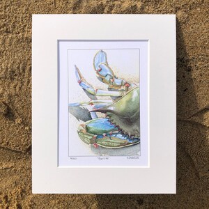 May include: A framed watercolor print of a blue crab, set against a sandy background. The crab is depicted in shades of blue, green, and tan, with intricate details. The print is titled "Blue Crab" and is numbered 16/100.