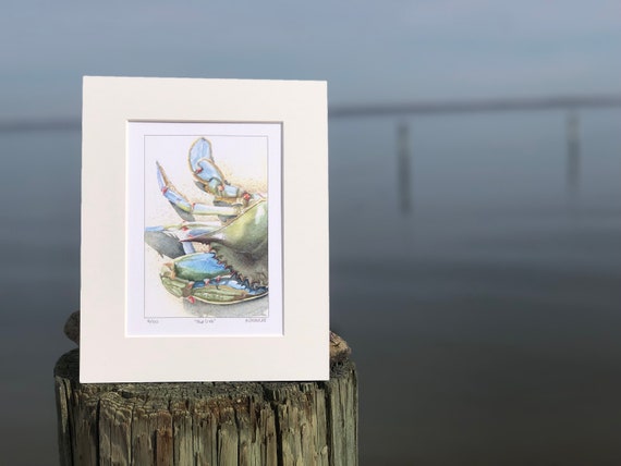 Maryland Blue Crab limited edition Giclee art print of my original watercolor painting - with archival mat & board - ready to frame 8" x 10"