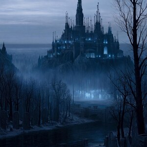 May include: A dark, atmospheric landscape featuring a towering, gothic-style castle illuminated with blue light, situated atop a rocky hill. A dense, misty forest with bare, leafless trees and numerous gravestones fills the foreground, with faint, glowing blue figures scattered throughout the scene.