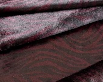 Burgundy Berry Zebra Print Calfskin Hide Hair On Leather for Fashion Garments Upholstery