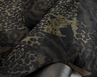 Olive Green Printed Sheepskin Hide, Hair On Leather, Upholstery Leather, Animal Print Leather, Costume & Interior Design