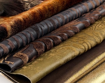 Mixed Leather Craft Panels – Genuine Hair On Hide, Embossed & Animal Print, Gold Leather for Bags, Wallets and Crafts