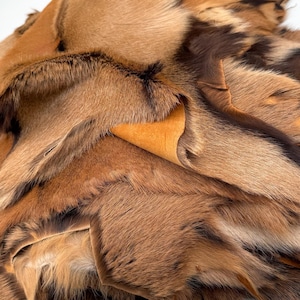 Könnte beinhalten: Gegerbte Tierhaut mit einer Mischung aus braunem, beigem und schwarzem Fell. Die Haut hat eine natürliche, unregelmäßige Form und Textur, mit sichtbaren Haaren und einer lederartigen Unterseite. Das Fell ist dicht und wirkt weich.