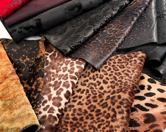 15 Piece Leather Craft Bundle, Genuine Sheepskin & Hair On Hide Panels, Animal Print Leather, Embossed Leather, Craft Supplies 30cm x 30cm