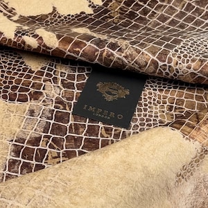 Brown Reptile Embossed Hair On Hide Leather | Crocodile Print Sheepskin For Upholstery Interior Design Bag Making Costume Crafts