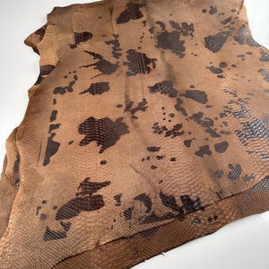 May include: A piece of brown snakeskin leather with a dark brown pattern. The leather is folded in half and has a rough texture.