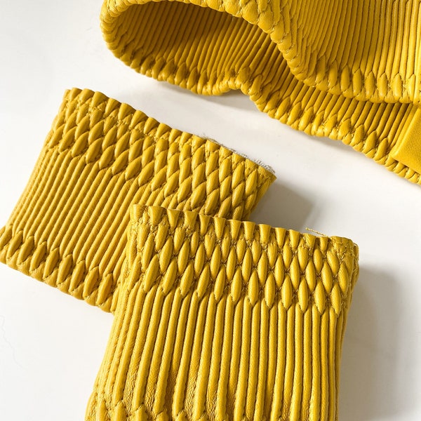 British Supplier Mustard Yellow Smocked Wide Leather Elastic Stretch 75mm 3” Inch Waistband & Cuff For Jacket Garments