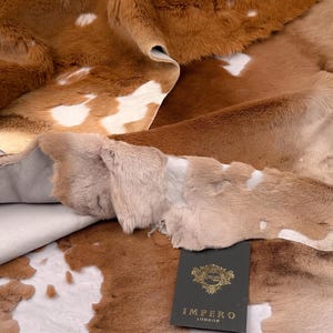 Può includere: Un tappeto di pelliccia marrone e bianco con un retro in pelle marrone. Il tappeto ha un'etichetta che dice "Impero London".