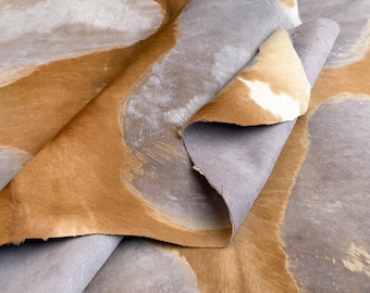 Genuine Hair On Calf Hide Tan & Grey Leather – Cowhide for Bags Upholstery Costume and Leathercraft