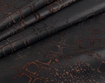 Brown Crocodile Embossed Lambskin Leather Hide, Brown Hair Detail, Leather Remnant for Bags, Costume, Shoes & Crafts