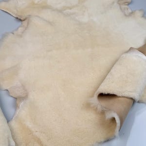 K&ouml;nnte beinhalten: Ein cremefarbener Schaffellteppich mit weicher, flauschiger Textur. Der Teppich ist in der Mitte gefaltet, wodurch die braune Lederunterseite sichtbar wird.