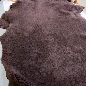 May include: A close-up of a dark brown sheepskin rug with a textured, fluffy surface. Other sheepskin rugs in shades of tan and cream are visible in the background. The rug has an irregular shape and a soft appearance.