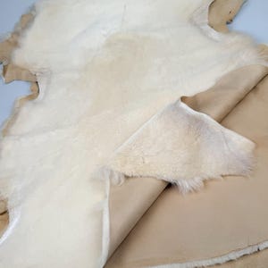 K&ouml;nnte beinhalten: Ein wei&szlig;er Schaffellteppich mit einer braunen Lederunterseite. Der Teppich ist in der Mitte gefaltet, sodass sowohl die Fellseite als auch die Lederseite sichtbar sind.