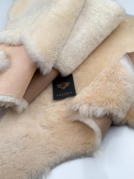 Cream with Beige Sheepskin Hide – Real Shearling Leather for Upholstery Crafts Sewing Bags Jacket Mittens Deerstalker