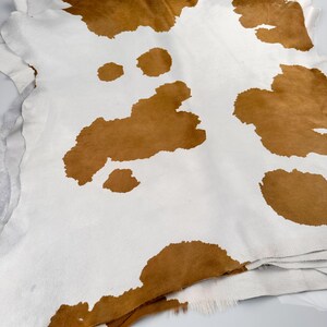 May include: A cowhide leather hide with a white background and irregular brown patches. The hide is folded, showing the texture and natural edges of the material. The brown patches vary in size and shape, creating a unique pattern.