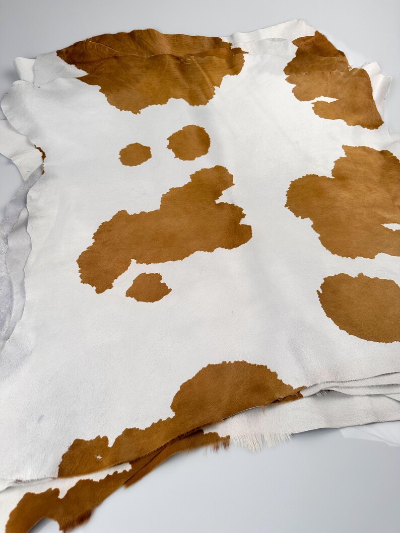 May include: A cowhide leather hide with a white background and irregular brown patches. The hide is folded, showing the texture and natural edges of the material. The brown patches vary in size and shape, creating a unique pattern.
