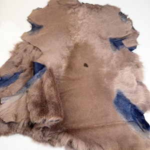 K&ouml;nnte beinhalten: Ein unregelm&auml;&szlig;ig geformtes St&uuml;ck gegerbter Tierhaut. Die Haut ist haupts&auml;chlich in einem ged&auml;mpften Braunton gehalten, mit Flecken dunkler blauer Farbe. Die Textur ist weich und pelzig, mit sichtbaren Haarfasern. Ein dunkler Fleck ist sichtbar.