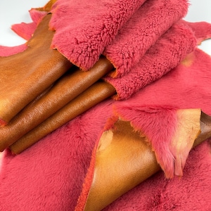 SALE Genuine Dark Pink Merino Sheepskin with Vintage Brown Leather Back – Versatile for Any Application Retro Vibe Vintage Style