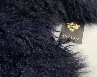 Genuine Tibetan Lamb Mongolian Sheepskin - Navy Blue, Long Curly Wool, Throw, Upholstery, Cushions, Garments, Collar, Home Decor, Jackets