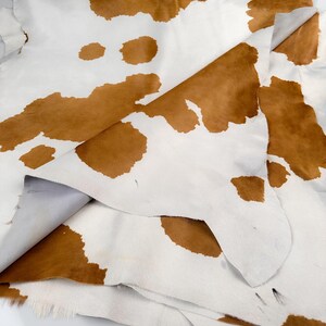 May include: A close-up of several cowhide leather pieces. The hides are white with irregular brown patches. The leather appears soft and pliable, with visible hair and texture. The hides are layered, showing the underside.