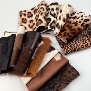 Exotic Animal Print Calf Hide Remnants – Hair-On Hide Scrap Pack for Crafting, Upholstery, Accessories | Leopard, Cowhide & Textured Leather