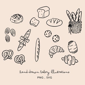 Bakkerij illustratie PNG SVG bundelpakket - handgetekende clipart voor bruiloft, hosting, menu's, bloemen, strikken, lineaire tekeningen compatibel met Canva