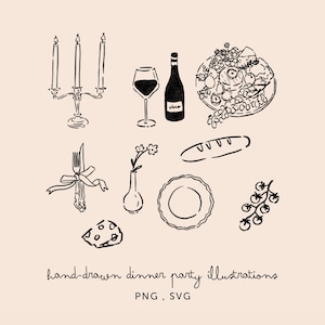 Dinner Party Illustration PNG SVG Bundle Pack - Hand Drawn Clipart for Wedding, Hosting, Menus, Floral, Bows, Lineart Drawings
