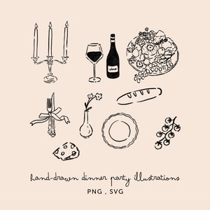ディナー パーティーのイラスト PNG SVG バンドル パック - 結婚式、ホスティング、メニュー、花、リボン、線画の手描きクリップアート