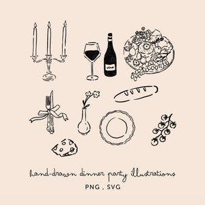 Dinner Party Illustration PNG SVG Bundle Pack - Hand Drawn Clipart for Wedding, Hosting, Menus, Floral, Bows, Lineart Drawings