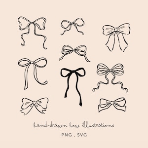 Bogen illustratiebundel, png-SVG-pakket - handgetekende clipart voor bruiloft, hosting, menu's, decor en meer - strikken, lineaire tekeningen