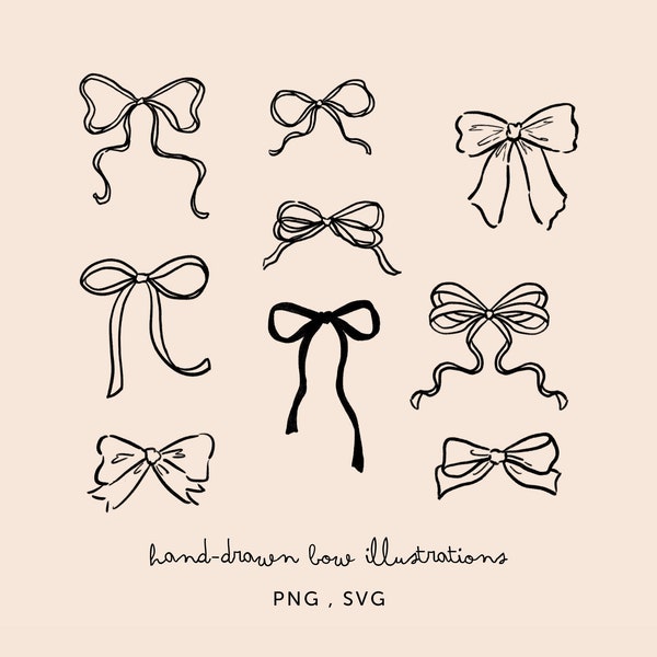 Bows Illustration Bundle, PNG SVG Pack - Hand Drawn Clipart for Wedding, Hosting, Menus, Decor and More- Bows, Lineart Drawings