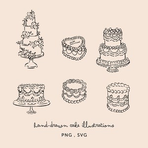 ケーキのイラストバンドル、PNG SVG パック - 結婚式、ホスティング、メニュー、装飾などに使える手描きのクリップアート - リボン、線画