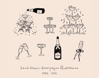 Lot d'illustrations champagne, PNG SVG Pack - Clipart dessinés à la main pour mariage, hébergement, menus, décoration et plus encore - noeuds, dessins Lineart
