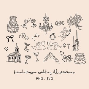 May include: A set of black and white hand-drawn wedding illustrations. The illustrations include a wedding cake, a church, a chandelier, swans, doves, rings, a bow, a bouquet, a key, a lock, candles, cherries, champagne flutes, music notes, and a heart.