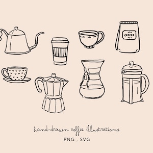 Pacote de ilustrações de café, PNG SVG Pack - Clipart desenhado à mão para casamento, hospedagem, café, menus, decoração e muito mais - Laços, desenhos de Lineart