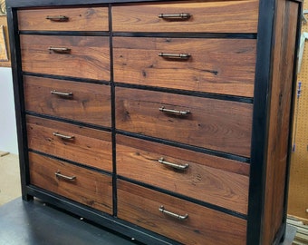 Custom Order! - Upright 10 Drawer Walnut/Steel Dresser - Handmade to Order