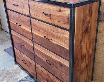 Handmade Oversized Walnut Dresser: Industrial Rustic Eight-Drawer