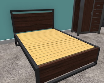 May include: A black metal bed frame with a wooden headboard and slatted base. The bed frame has a dark brown wood finish.
