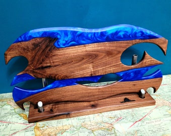 Ready to Ship! Ocean Blue Epoxy Resin Wave/Axe Art with American Black Walnut Wood and Display