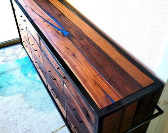 Custom Order 10 Drawer Walnut Dresser w/ Epoxy Inlay Modern Farmhouse Furniture
