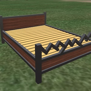 May include: A wooden bed frame with a black metal headboard and footboard. The headboard has a simple design, while the footboard has a zig-zag pattern.