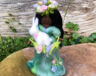 Lady Spring dark skinned fairy/angel with bunny Waldorf inspired. Spring Goddess