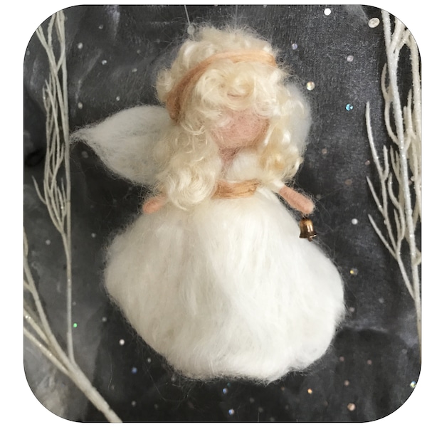 Angel with bell ornament in wool and silk. Waldorf inspired needle felted Angel with curly hair.