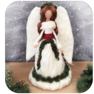 Holly Angel Christmas Tree Topper,  Mantel decoration, Centerpiece. Needle Felted wool with silk accents. Waldorf inspired by Rachel Mack.