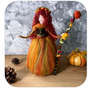 Lady Autumn of pumpkins, needle felted in wool and silk. Pumpkin Princess Fairy . Waldorf inspired art doll by Rachel Mack.