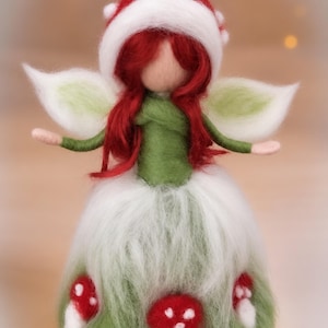 Christmas Toadstool Fairy Tree Topper | Needle Felted Mushroom Holiday mantel decoration Fairy | Waldorf Inspired Woodland Christmas Decor