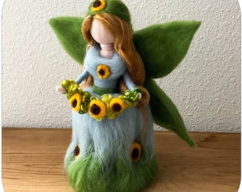 Sunflower fairy art doll. Leo’s Fairy. Birthday gift for Leo. Waldorf inspired needle felt doll. Summer nature table.