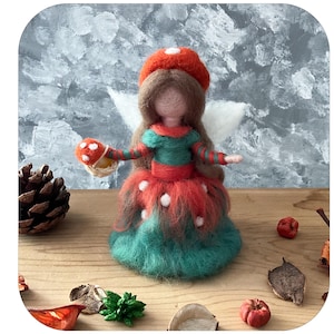 Toadstool Autumn fairy with bamboo basket. Needle felted Waldorf inspired Autumn decoration. Mushroom children ornament.