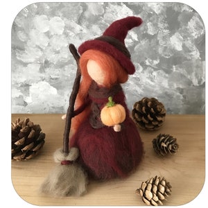 Needle felted Mabon Witch with broom and pumpking. Mabon decoration. Halloween decor.